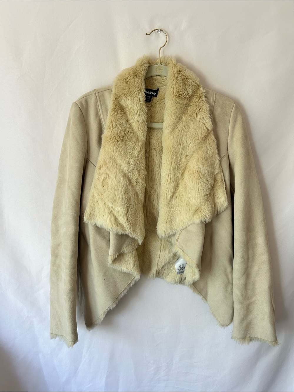 bebe Cream Faux Fur Draped Jacket